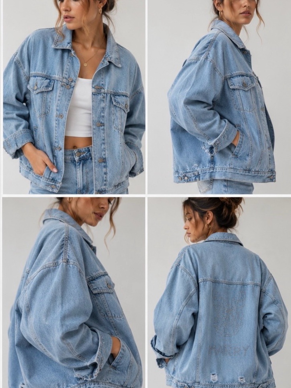 Oversized Denim Jacket Size M Light Wash Statement Rhinestone Back Streetwea